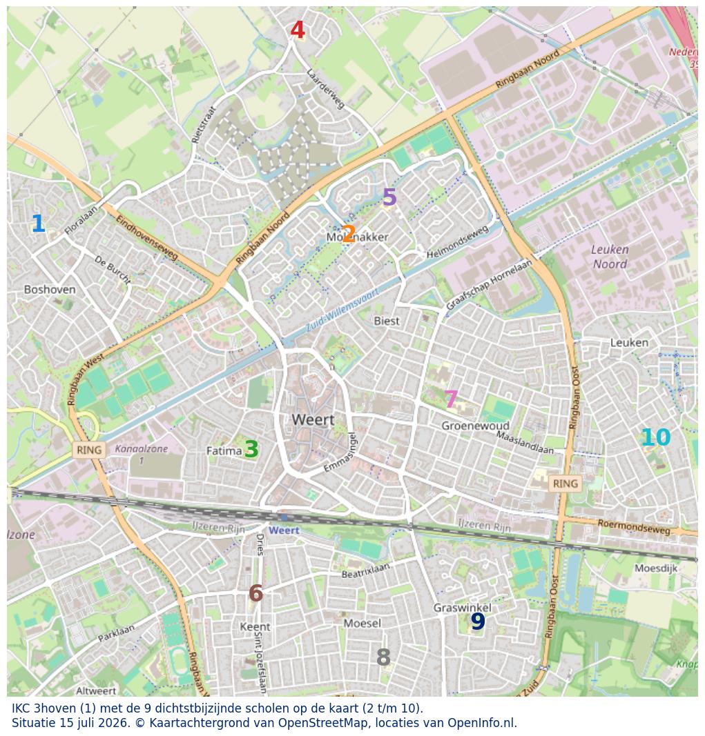 Kaart van de school met de tien dichtsbijzijnde scholen. Hierbij zijn de scholen genummerd van 1 tot en met 10. Nummer 1 is toegekend aan de schoolvestiging zelf: IKC 3hoven.