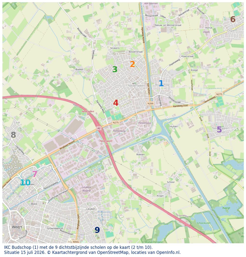 Kaart van de school met de tien dichtsbijzijnde scholen. Hierbij zijn de scholen genummerd van 1 tot en met 10. Nummer 1 is toegekend aan de schoolvestiging zelf: IKC Budschop.