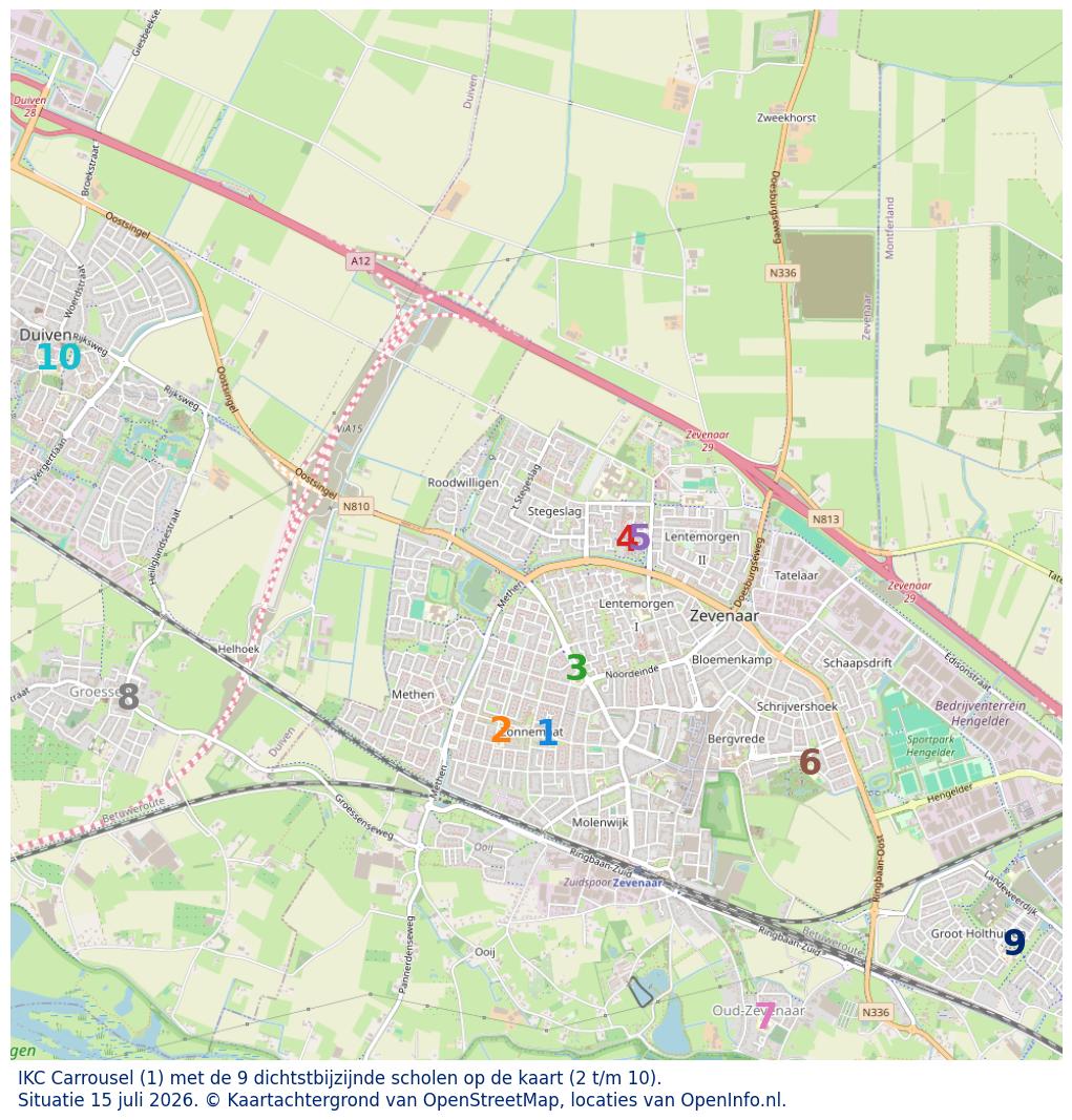 Kaart van de school met de tien dichtsbijzijnde scholen. Hierbij zijn de scholen genummerd van 1 tot en met 10. Nummer 1 is toegekend aan de schoolvestiging zelf: IKC Carrousel.