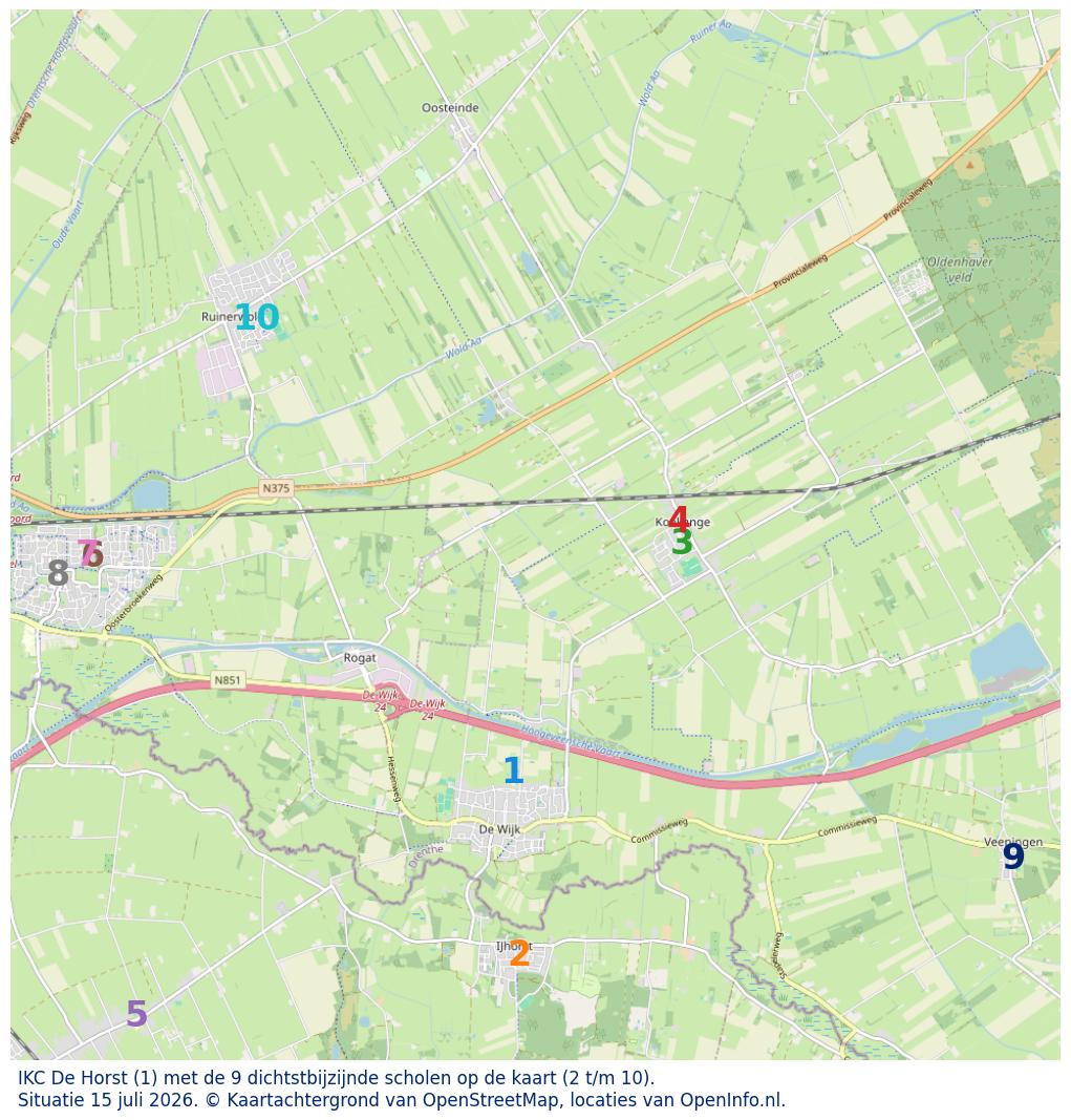 Kaart van de school met de tien dichtsbijzijnde scholen. Hierbij zijn de scholen genummerd van 1 tot en met 10. Nummer 1 is toegekend aan de schoolvestiging zelf: IKC De Horst.