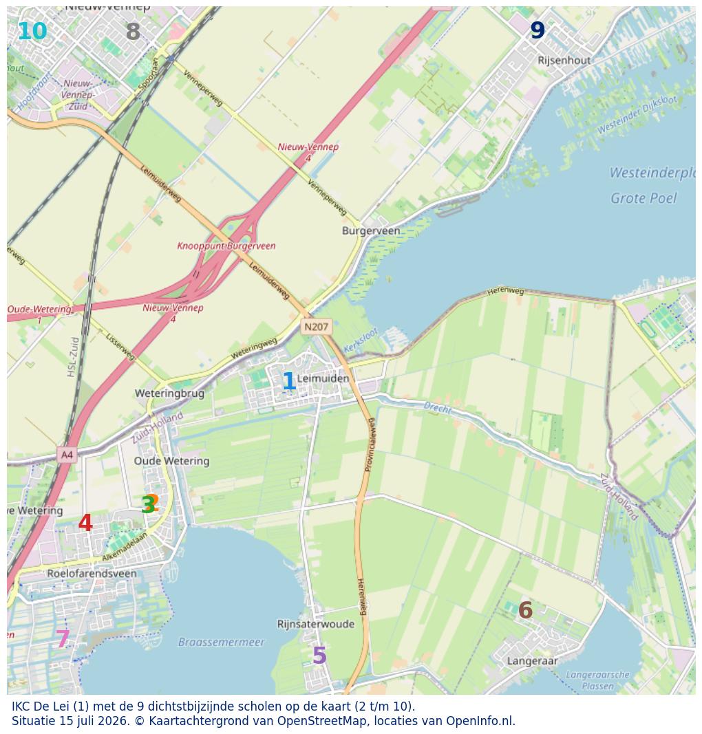 Kaart van de school met de tien dichtsbijzijnde scholen. Hierbij zijn de scholen genummerd van 1 tot en met 10. Nummer 1 is toegekend aan de schoolvestiging zelf: IKC De Lei.