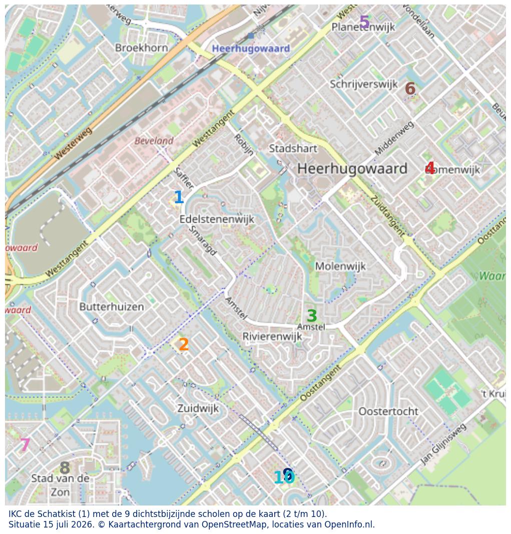 Kaart van de school met de tien dichtsbijzijnde scholen. Hierbij zijn de scholen genummerd van 1 tot en met 10. Nummer 1 is toegekend aan de schoolvestiging zelf: IKC de Schatkist.