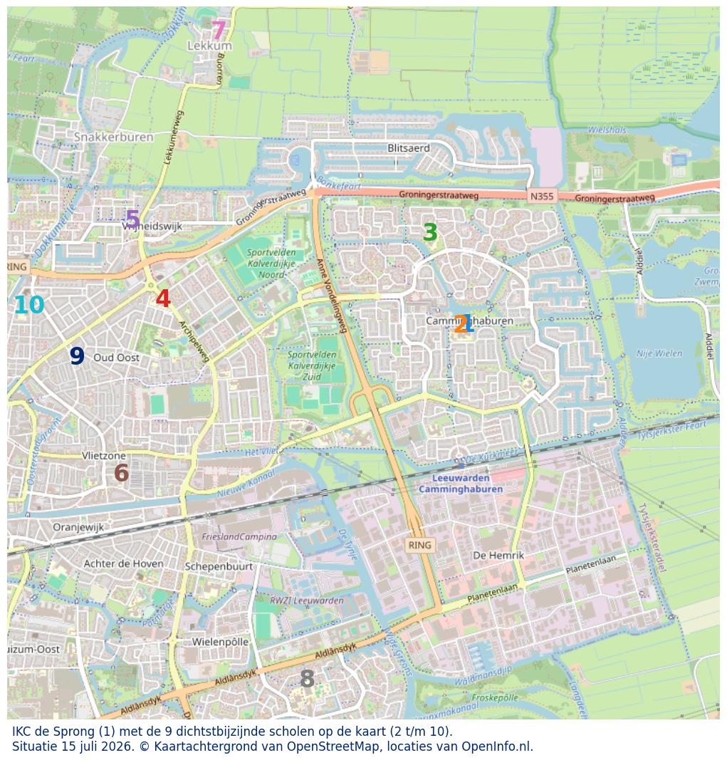 Kaart van de school met de tien dichtsbijzijnde scholen. Hierbij zijn de scholen genummerd van 1 tot en met 10. Nummer 1 is toegekend aan de schoolvestiging zelf: IKC de Sprong.