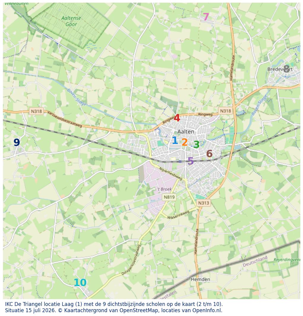 Kaart van de school met de tien dichtsbijzijnde scholen. Hierbij zijn de scholen genummerd van 1 tot en met 10. Nummer 1 is toegekend aan de schoolvestiging zelf: IKC De Triangel locatie Laag.