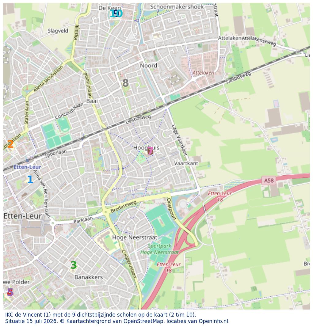 Kaart van de school met de tien dichtsbijzijnde scholen. Hierbij zijn de scholen genummerd van 1 tot en met 10. Nummer 1 is toegekend aan de schoolvestiging zelf: IKC de Vincent.