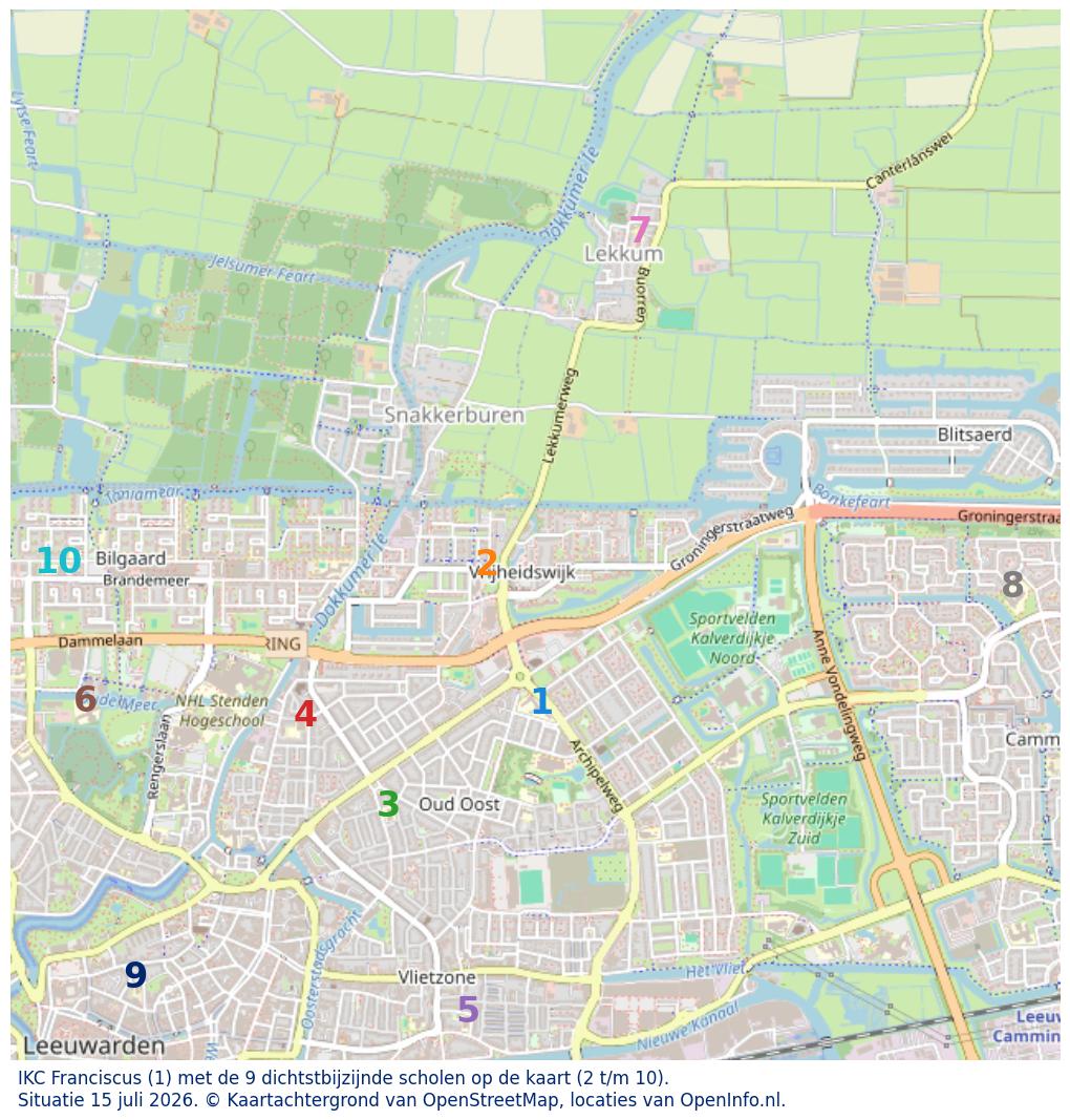 Kaart van de school met de tien dichtsbijzijnde scholen. Hierbij zijn de scholen genummerd van 1 tot en met 10. Nummer 1 is toegekend aan de schoolvestiging zelf: IKC Franciscus.