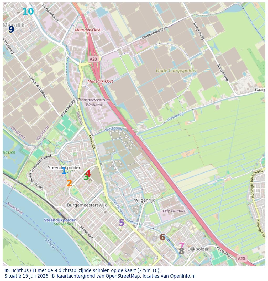 Kaart van de school met de tien dichtsbijzijnde scholen. Hierbij zijn de scholen genummerd van 1 tot en met 10. Nummer 1 is toegekend aan de schoolvestiging zelf: IKC Ichthus.