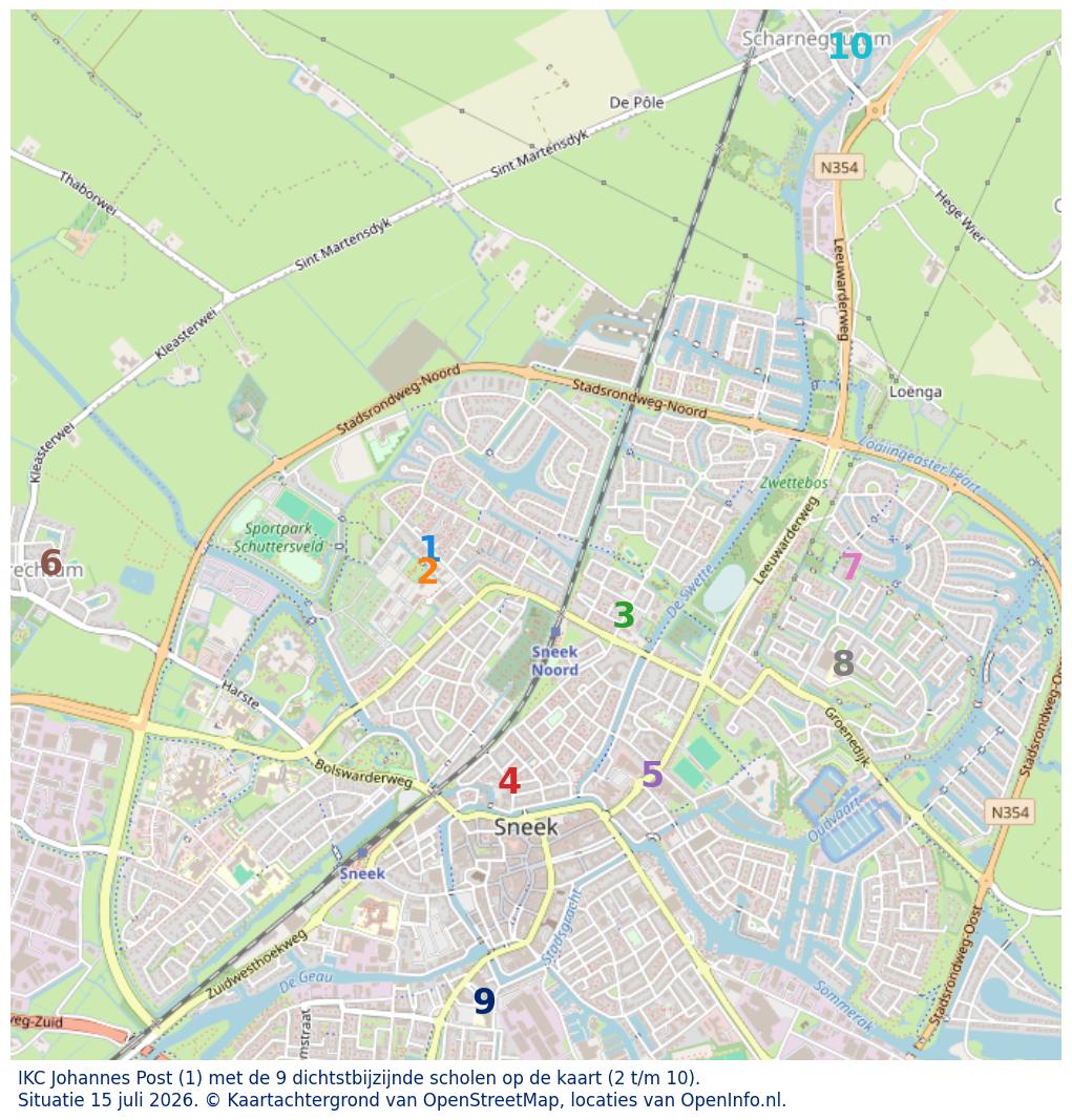 Kaart van de school met de tien dichtsbijzijnde scholen. Hierbij zijn de scholen genummerd van 1 tot en met 10. Nummer 1 is toegekend aan de schoolvestiging zelf: IKC Johannes Post.