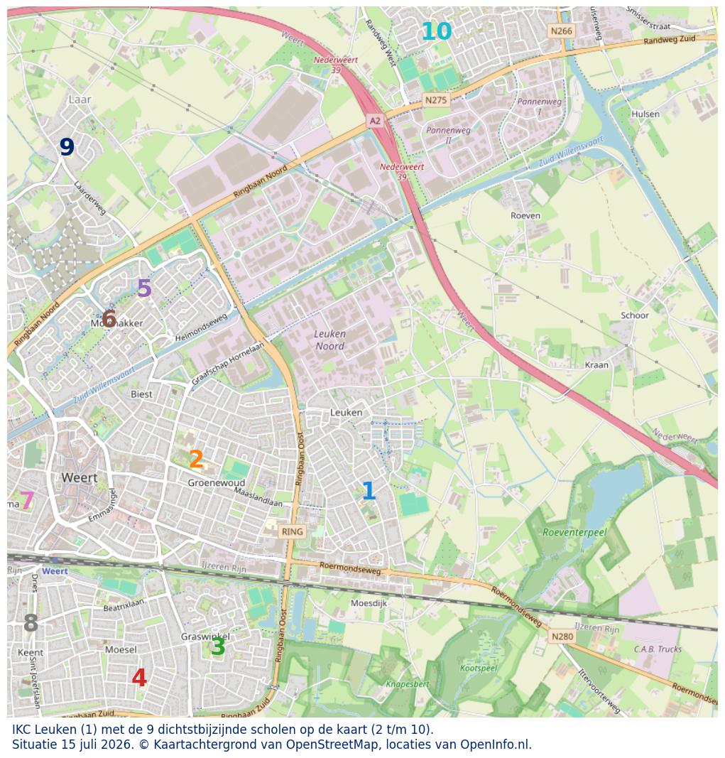 Kaart van de school met de tien dichtsbijzijnde scholen. Hierbij zijn de scholen genummerd van 1 tot en met 10. Nummer 1 is toegekend aan de schoolvestiging zelf: IKC Leuken.
