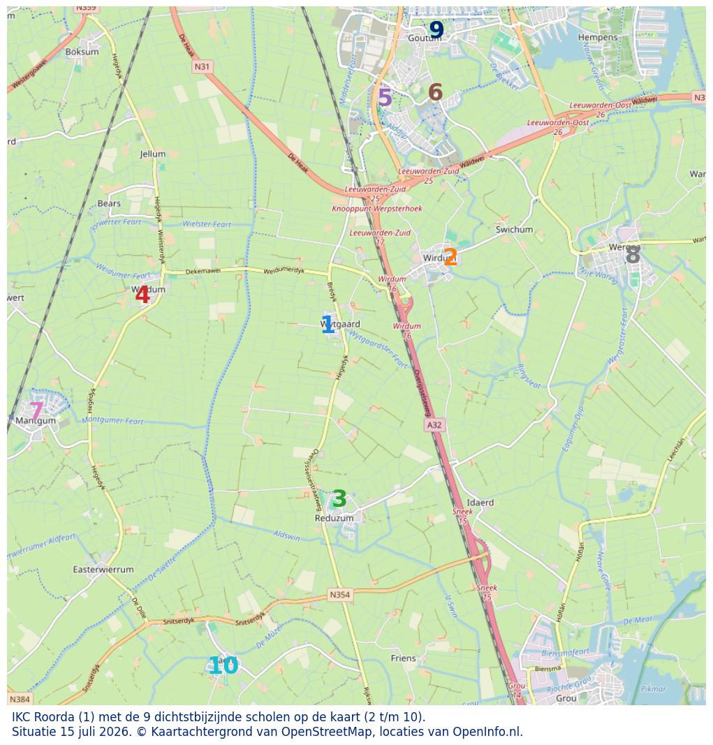 Kaart van de school met de tien dichtsbijzijnde scholen. Hierbij zijn de scholen genummerd van 1 tot en met 10. Nummer 1 is toegekend aan de schoolvestiging zelf: IKC Roorda.