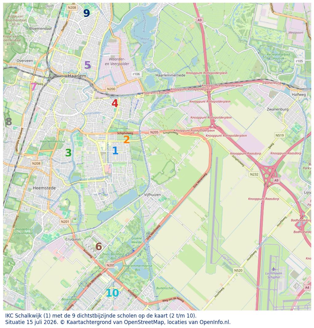 Kaart van de school met de tien dichtsbijzijnde scholen. Hierbij zijn de scholen genummerd van 1 tot en met 10. Nummer 1 is toegekend aan de schoolvestiging zelf: IKC Schalkwijk.