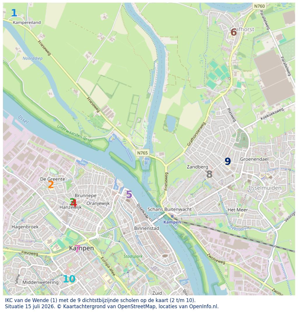Kaart van de school met de tien dichtsbijzijnde scholen. Hierbij zijn de scholen genummerd van 1 tot en met 10. Nummer 1 is toegekend aan de schoolvestiging zelf: IKC van de Wende.