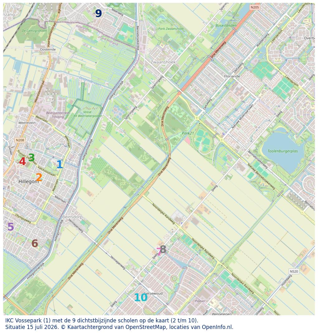 Kaart van de school met de tien dichtsbijzijnde scholen. Hierbij zijn de scholen genummerd van 1 tot en met 10. Nummer 1 is toegekend aan de schoolvestiging zelf: IKC Vossepark.