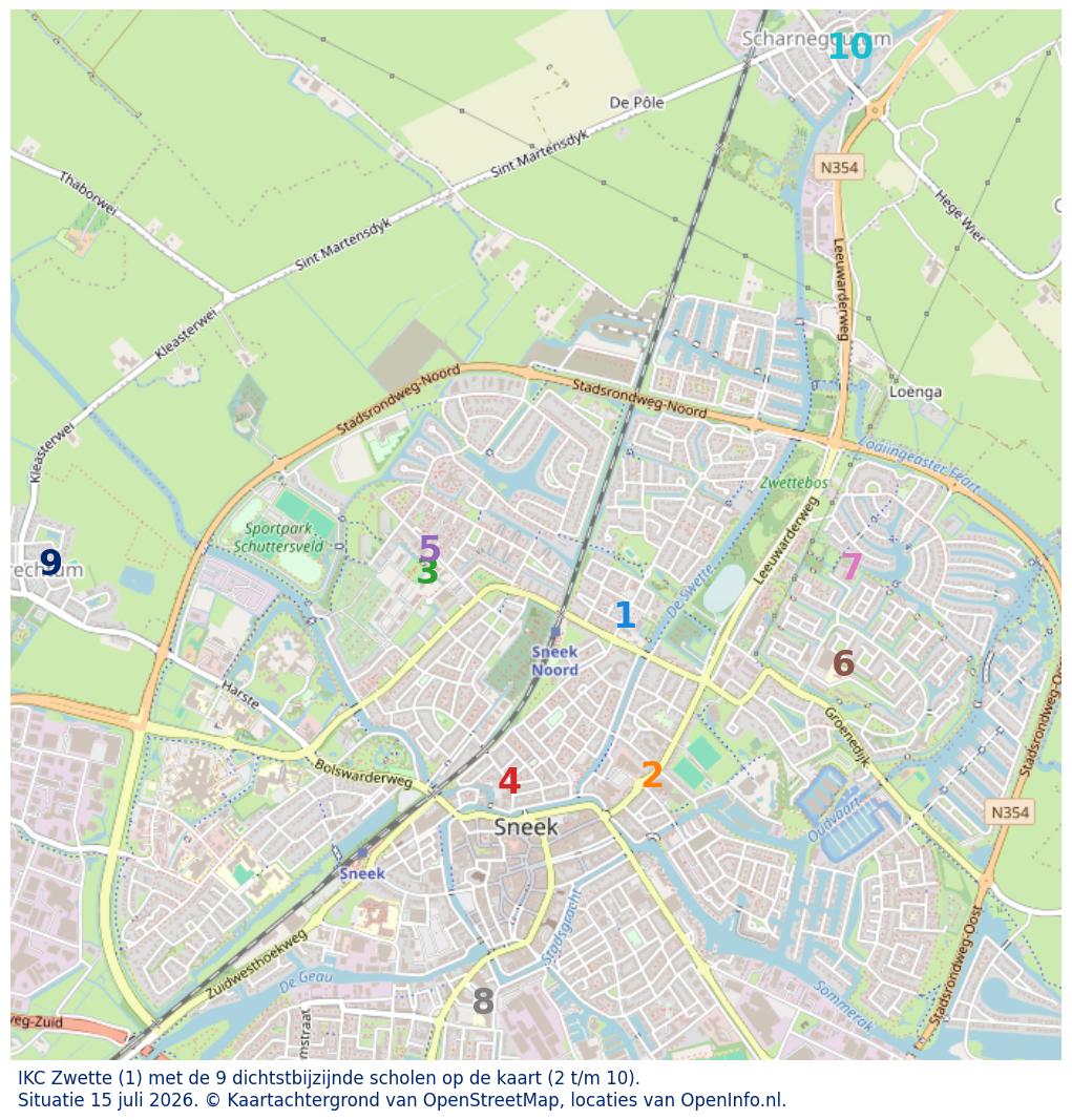 Kaart van de school met de tien dichtsbijzijnde scholen. Hierbij zijn de scholen genummerd van 1 tot en met 10. Nummer 1 is toegekend aan de schoolvestiging zelf: IKC Zwette.