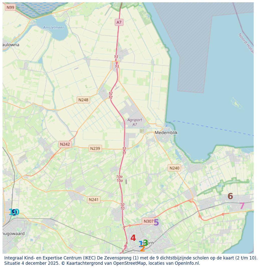Kaart van de school met de tien dichtsbijzijnde scholen. Hierbij zijn de scholen genummerd van 1 tot en met 10. Nummer 1 is toegekend aan de schoolvestiging zelf: Integraal Kind- en Expertise Centrum (IKEC) De Zevensprong.