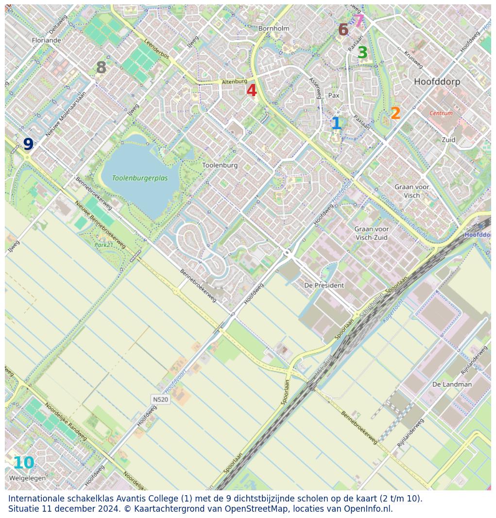 Kaart van de school met de tien dichtsbijzijnde scholen. Hierbij zijn de scholen genummerd van 1 tot en met 10. Nummer 1 is toegekend aan de schoolvestiging zelf: Internationale schakelklas Avantis College.