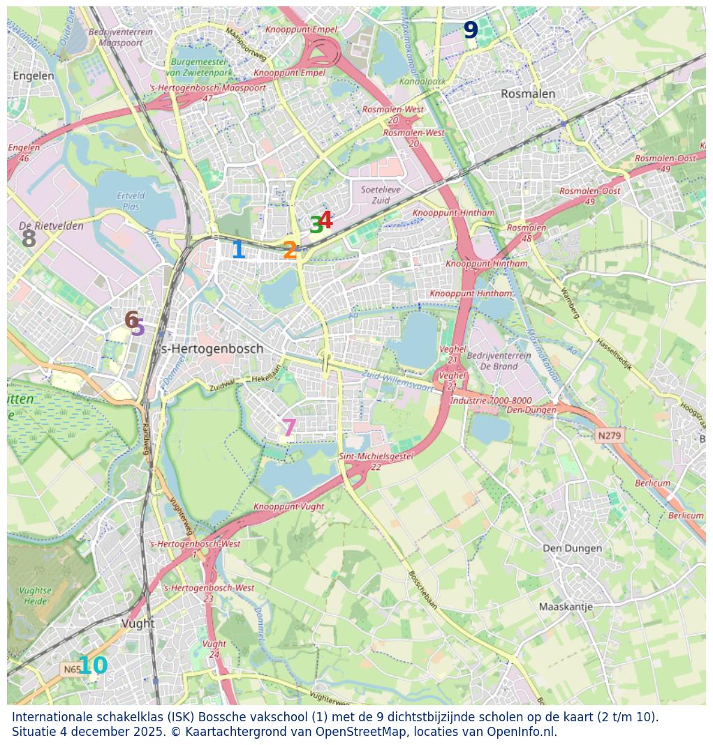 Kaart van de school met de tien dichtsbijzijnde scholen. Hierbij zijn de scholen genummerd van 1 tot en met 10. Nummer 1 is toegekend aan de schoolvestiging zelf: Internationale schakelklas (ISK) Bossche vakschool.