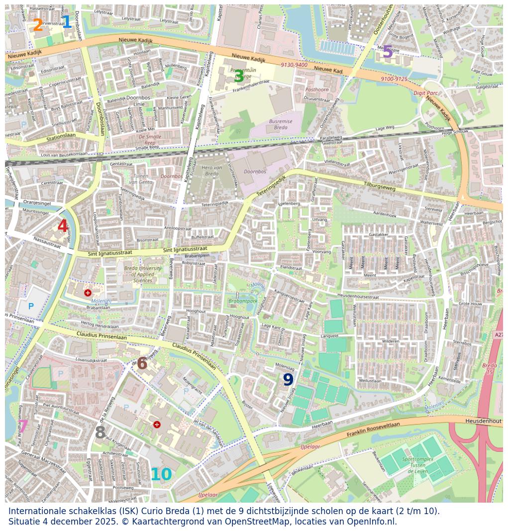 Kaart van de school met de tien dichtsbijzijnde scholen. Hierbij zijn de scholen genummerd van 1 tot en met 10. Nummer 1 is toegekend aan de schoolvestiging zelf: Internationale schakelklas (ISK) Curio Breda.
