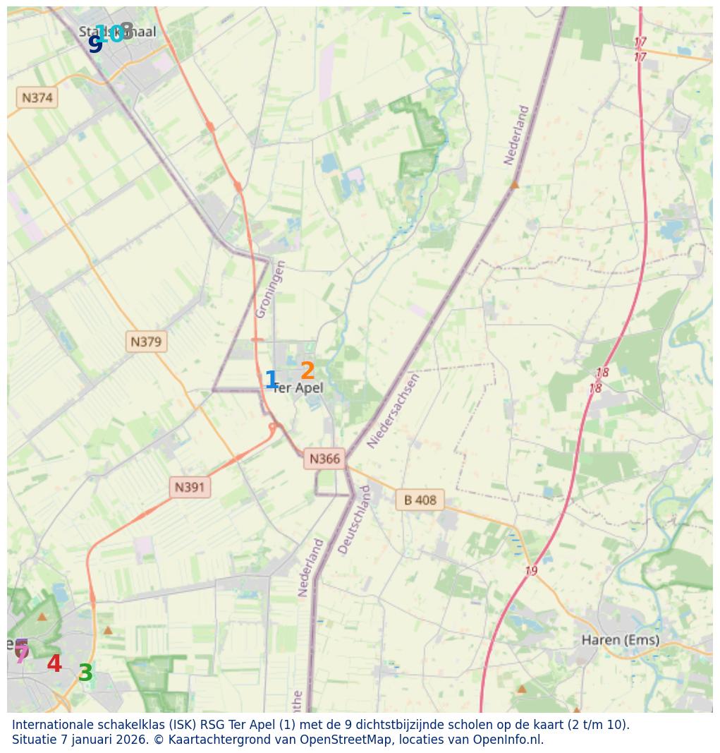 Kaart van de school met de tien dichtsbijzijnde scholen. Hierbij zijn de scholen genummerd van 1 tot en met 10. Nummer 1 is toegekend aan de schoolvestiging zelf: Internationale schakelklas (ISK) RSG Ter Apel.