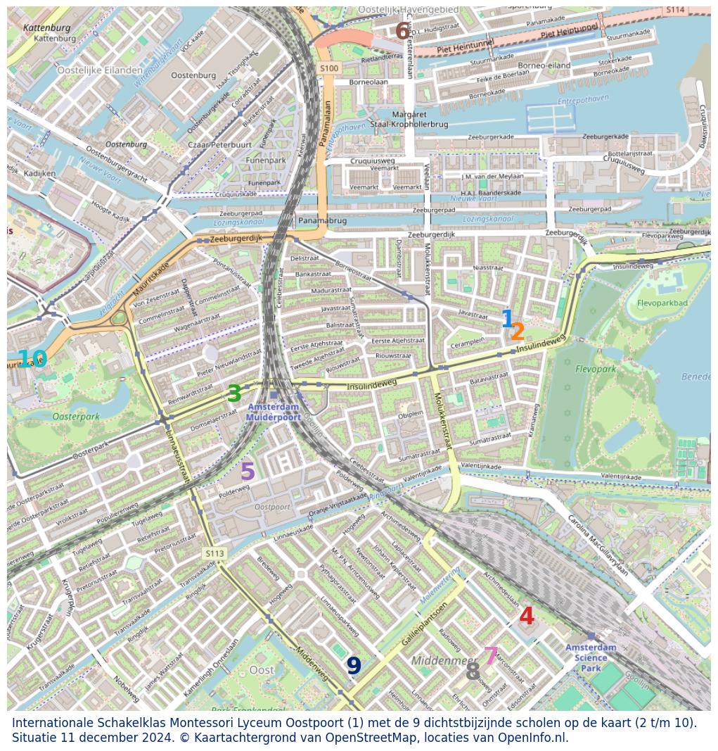 Kaart van de school met de tien dichtsbijzijnde scholen. Hierbij zijn de scholen genummerd van 1 tot en met 10. Nummer 1 is toegekend aan de schoolvestiging zelf: Internationale Schakelklas Montessori Lyceum Oostpoort.