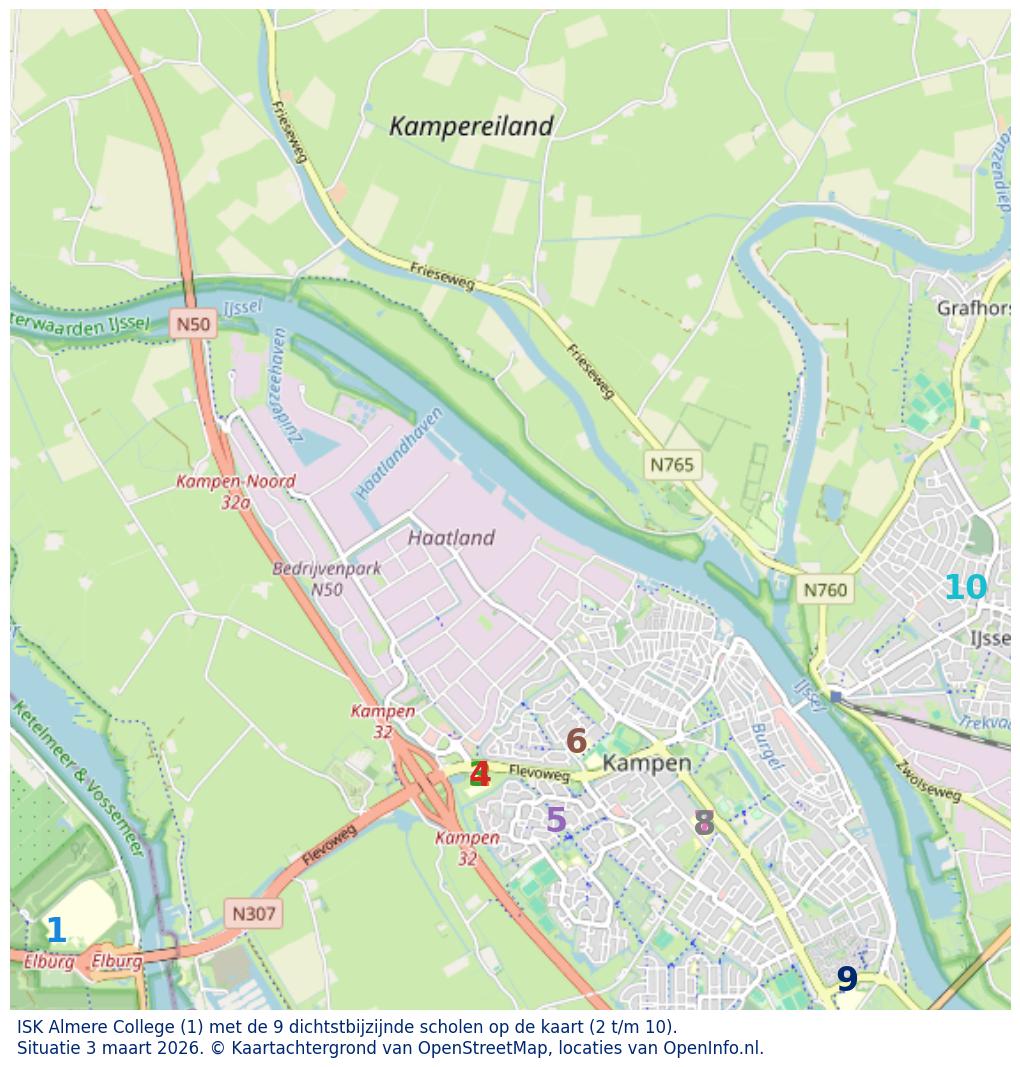 Kaart van de school met de tien dichtsbijzijnde scholen. Hierbij zijn de scholen genummerd van 1 tot en met 10. Nummer 1 is toegekend aan de schoolvestiging zelf: ISK Almere College.