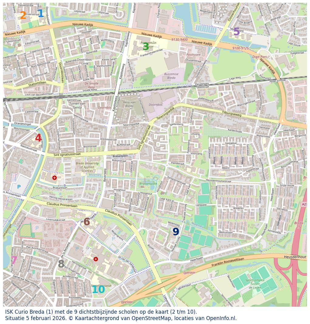Kaart van de school met de tien dichtsbijzijnde scholen. Hierbij zijn de scholen genummerd van 1 tot en met 10. Nummer 1 is toegekend aan de schoolvestiging zelf: ISK Curio Breda.