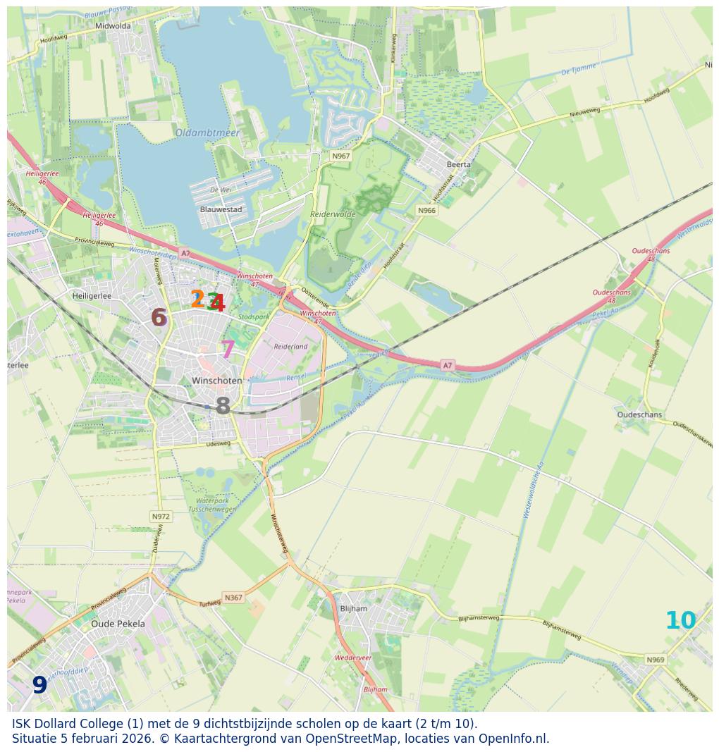 Kaart van de school met de tien dichtsbijzijnde scholen. Hierbij zijn de scholen genummerd van 1 tot en met 10. Nummer 1 is toegekend aan de schoolvestiging zelf: ISK Dollard College.
