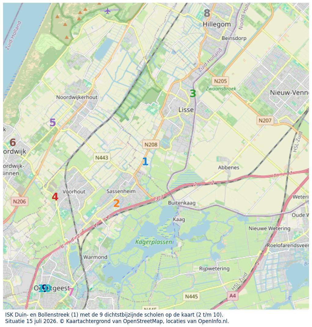 Kaart van de school met de tien dichtsbijzijnde scholen. Hierbij zijn de scholen genummerd van 1 tot en met 10. Nummer 1 is toegekend aan de schoolvestiging zelf: ISK Duin- en Bollenstreek.