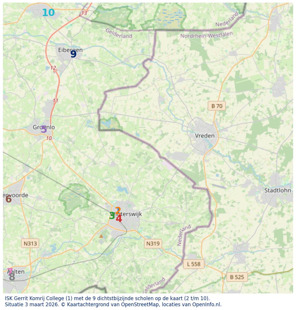 Kaart van de school met de tien dichtsbijzijnde scholen. Hierbij zijn de scholen genummerd van 1 tot en met 10. Nummer 1 is toegekend aan de schoolvestiging zelf: ISK Gerrit Komrij College.