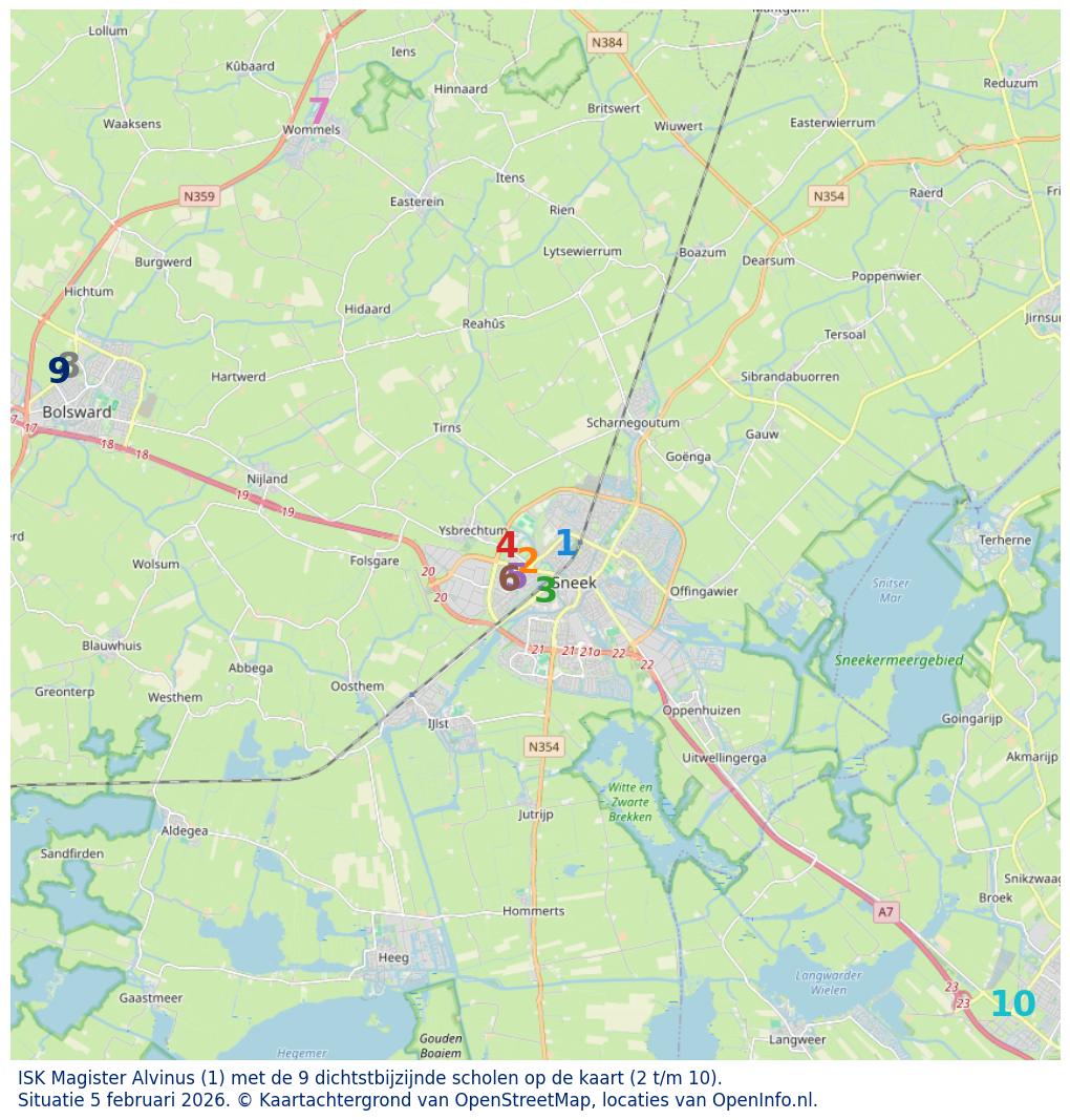 Kaart van de school met de tien dichtsbijzijnde scholen. Hierbij zijn de scholen genummerd van 1 tot en met 10. Nummer 1 is toegekend aan de schoolvestiging zelf: ISK Magister Alvinus.