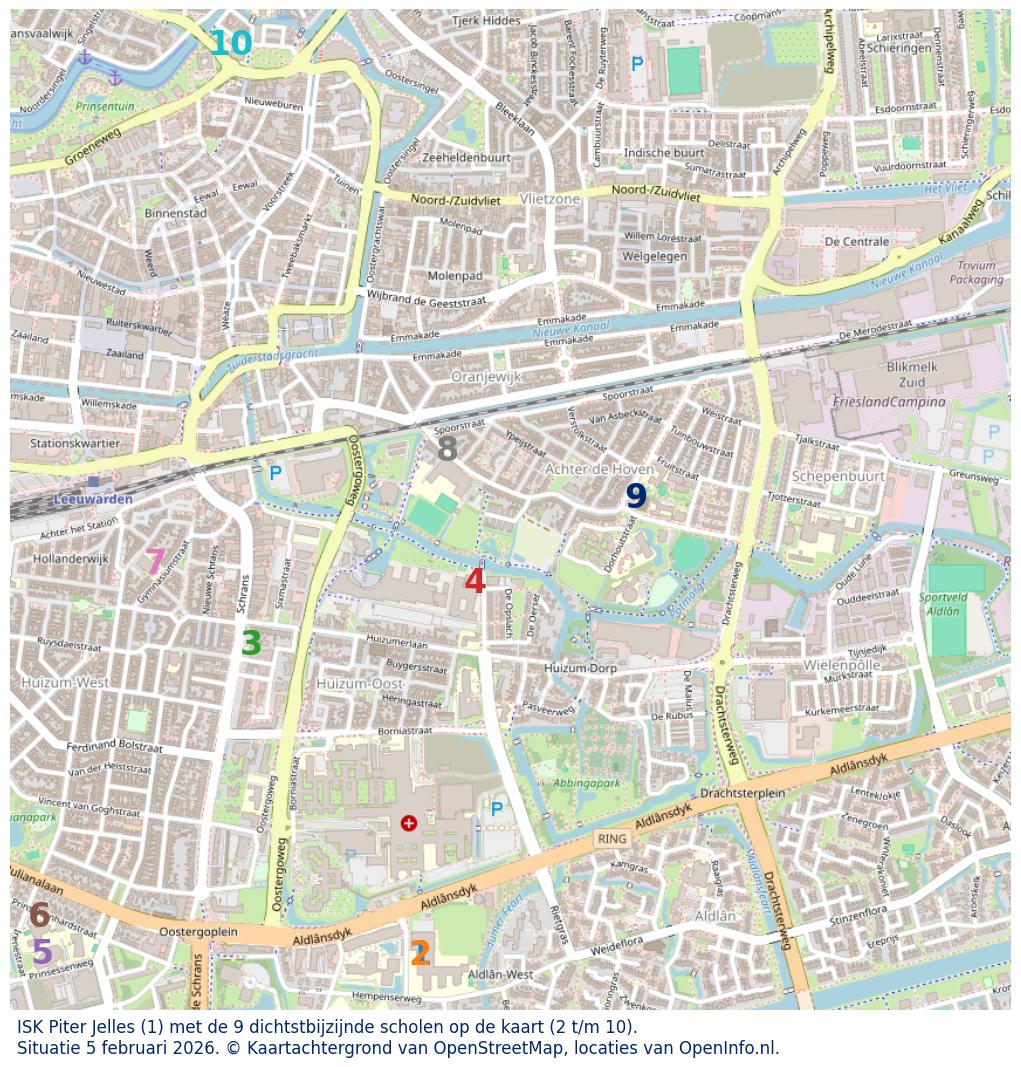 Kaart van de school met de tien dichtsbijzijnde scholen. Hierbij zijn de scholen genummerd van 1 tot en met 10. Nummer 1 is toegekend aan de schoolvestiging zelf: ISK Piter Jelles.