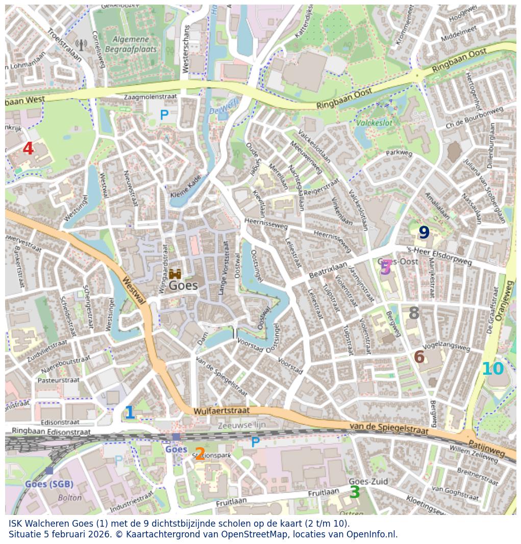 Kaart van de school met de tien dichtsbijzijnde scholen. Hierbij zijn de scholen genummerd van 1 tot en met 10. Nummer 1 is toegekend aan de schoolvestiging zelf: ISK Walcheren Goes.