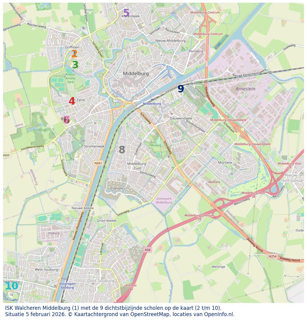 Kaart van de school met de tien dichtsbijzijnde scholen. Hierbij zijn de scholen genummerd van 1 tot en met 10. Nummer 1 is toegekend aan de schoolvestiging zelf: ISK Walcheren Middelburg.