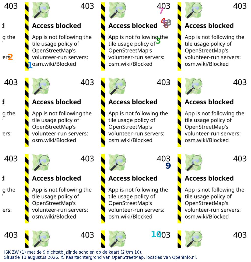 Kaart van de school met de tien dichtsbijzijnde scholen. Hierbij zijn de scholen genummerd van 1 tot en met 10. Nummer 1 is toegekend aan de schoolvestiging zelf: ISK ZW.