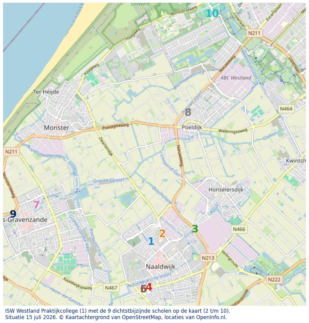 Kaart van de school met de tien dichtsbijzijnde scholen. Hierbij zijn de scholen genummerd van 1 tot en met 10. Nummer 1 is toegekend aan de schoolvestiging zelf: ISW Westland Praktijkcollege.