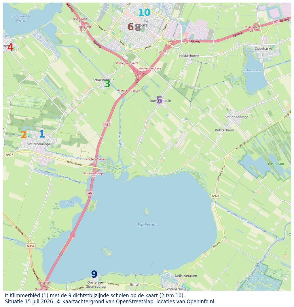 Kaart van de school met de tien dichtsbijzijnde scholen. Hierbij zijn de scholen genummerd van 1 tot en met 10. Nummer 1 is toegekend aan de schoolvestiging zelf: It Klimmerblêd.