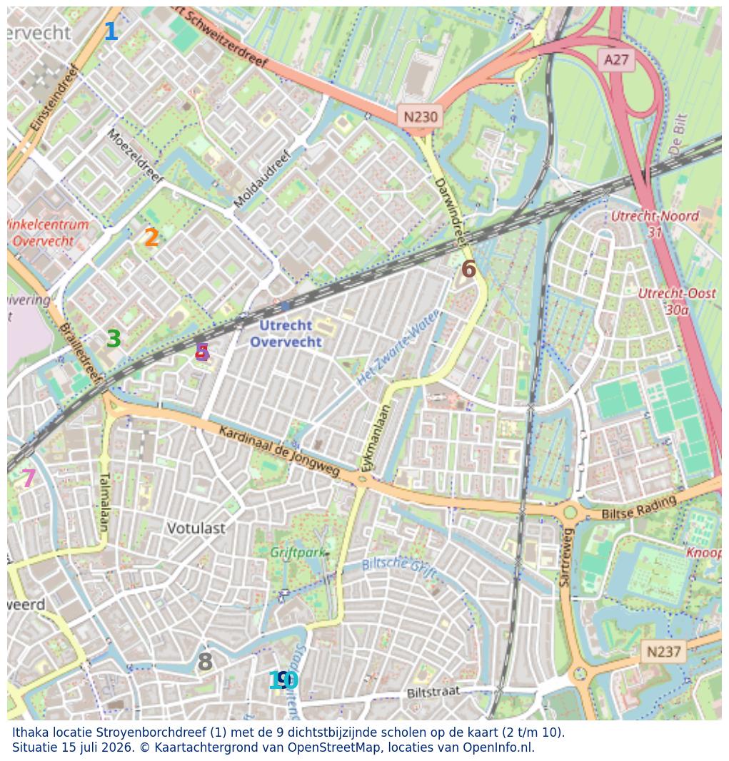 Kaart van de school met de tien dichtsbijzijnde scholen. Hierbij zijn de scholen genummerd van 1 tot en met 10. Nummer 1 is toegekend aan de schoolvestiging zelf: Ithaka locatie Stroyenborchdreef.