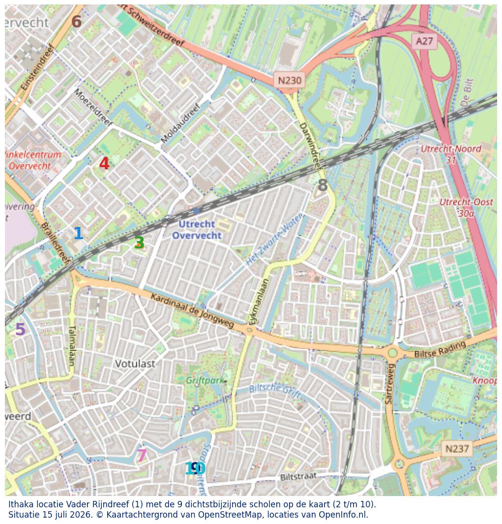 Kaart van de school met de tien dichtsbijzijnde scholen. Hierbij zijn de scholen genummerd van 1 tot en met 10. Nummer 1 is toegekend aan de schoolvestiging zelf: Ithaka locatie Vader Rijndreef.