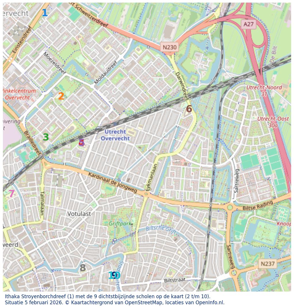 Kaart van de school met de tien dichtsbijzijnde scholen. Hierbij zijn de scholen genummerd van 1 tot en met 10. Nummer 1 is toegekend aan de schoolvestiging zelf: Ithaka Stroyenborchdreef.