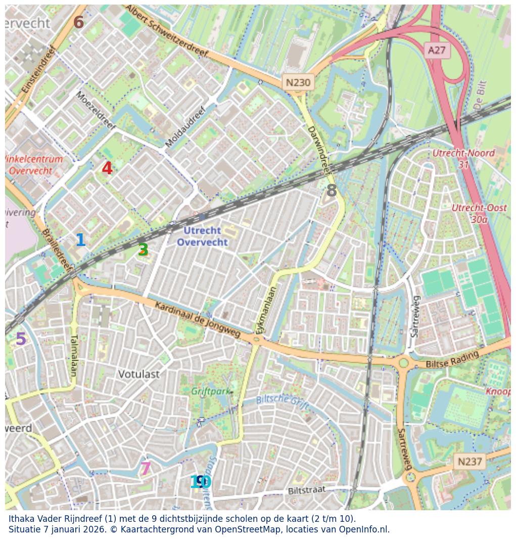 Kaart van de school met de tien dichtsbijzijnde scholen. Hierbij zijn de scholen genummerd van 1 tot en met 10. Nummer 1 is toegekend aan de schoolvestiging zelf: Ithaka Vader Rijndreef.