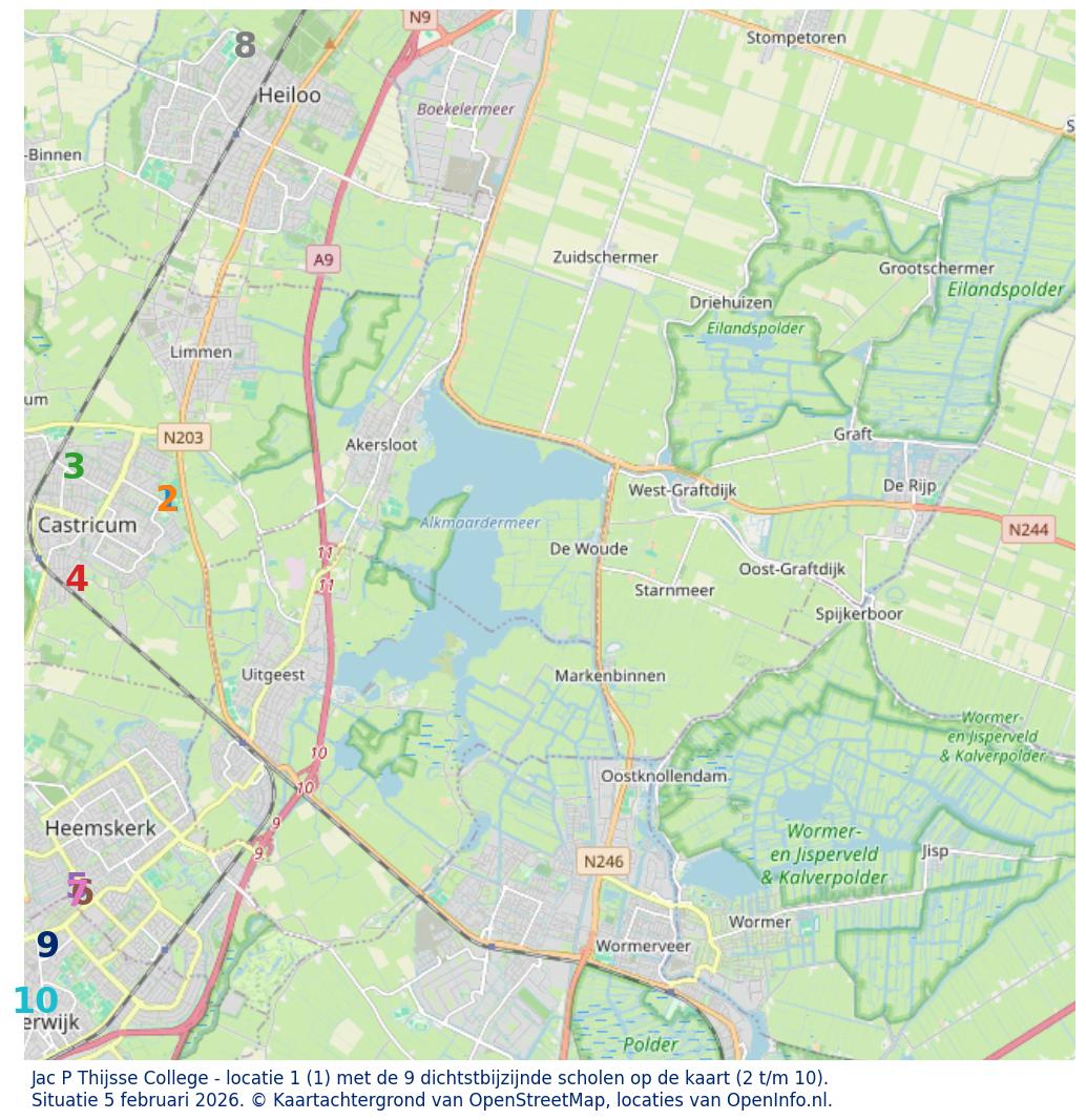 Kaart van de school met de tien dichtsbijzijnde scholen. Hierbij zijn de scholen genummerd van 1 tot en met 10. Nummer 1 is toegekend aan de schoolvestiging zelf: Jac P Thijsse College - locatie 1.