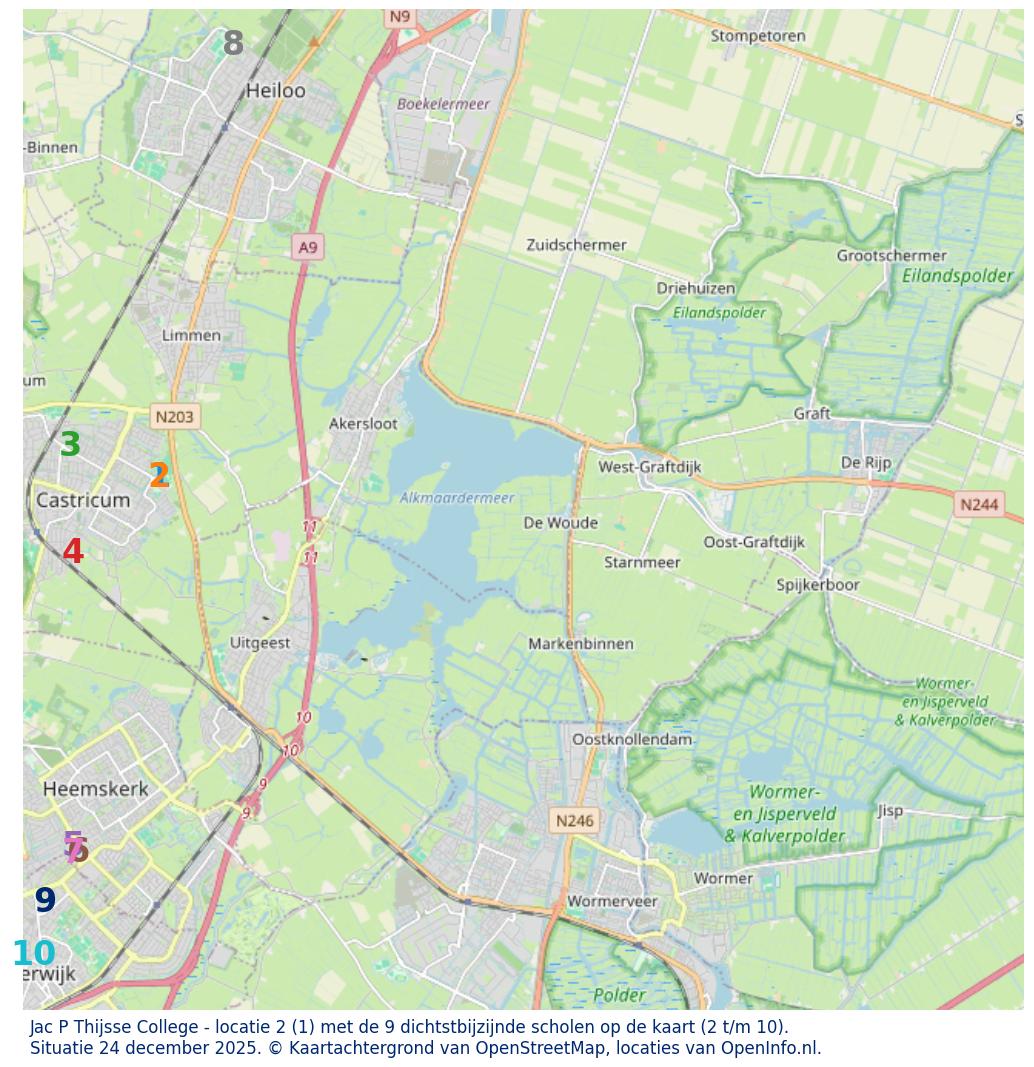 Kaart van de school met de tien dichtsbijzijnde scholen. Hierbij zijn de scholen genummerd van 1 tot en met 10. Nummer 1 is toegekend aan de schoolvestiging zelf: Jac P Thijsse College - locatie 2.