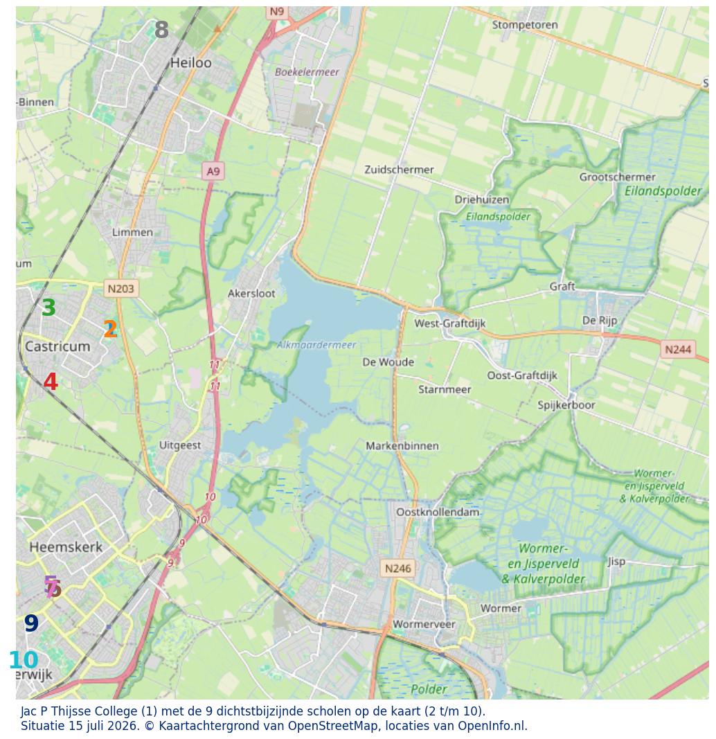 Kaart van de school met de tien dichtsbijzijnde scholen. Hierbij zijn de scholen genummerd van 1 tot en met 10. Nummer 1 is toegekend aan de schoolvestiging zelf: Jac P Thijsse College.