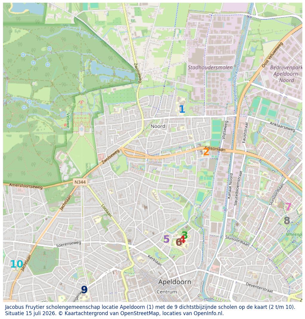 Kaart van de school met de tien dichtsbijzijnde scholen. Hierbij zijn de scholen genummerd van 1 tot en met 10. Nummer 1 is toegekend aan de schoolvestiging zelf: Jacobus Fruytier scholengemeenschap locatie Apeldoorn.
