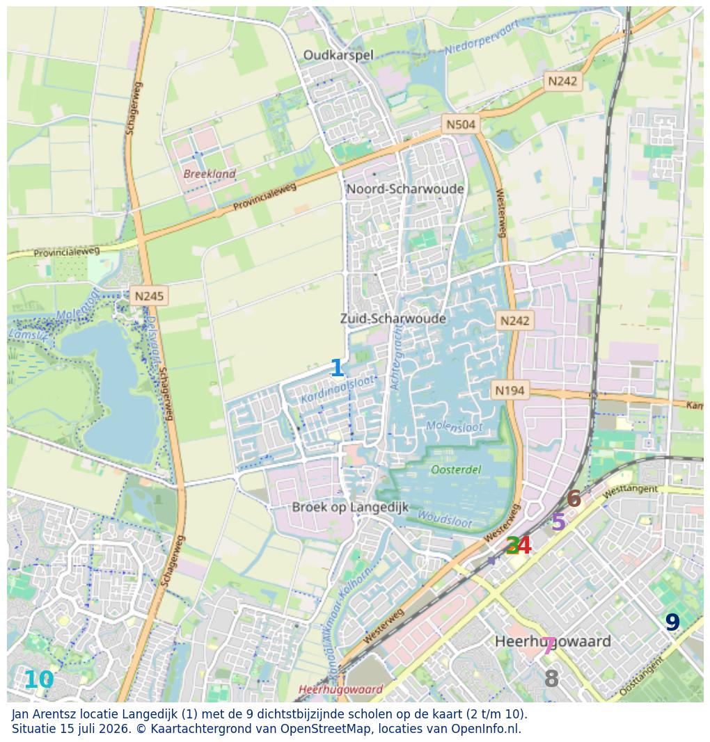 Kaart van de school met de tien dichtsbijzijnde scholen. Hierbij zijn de scholen genummerd van 1 tot en met 10. Nummer 1 is toegekend aan de schoolvestiging zelf: Jan Arentsz locatie Langedijk.