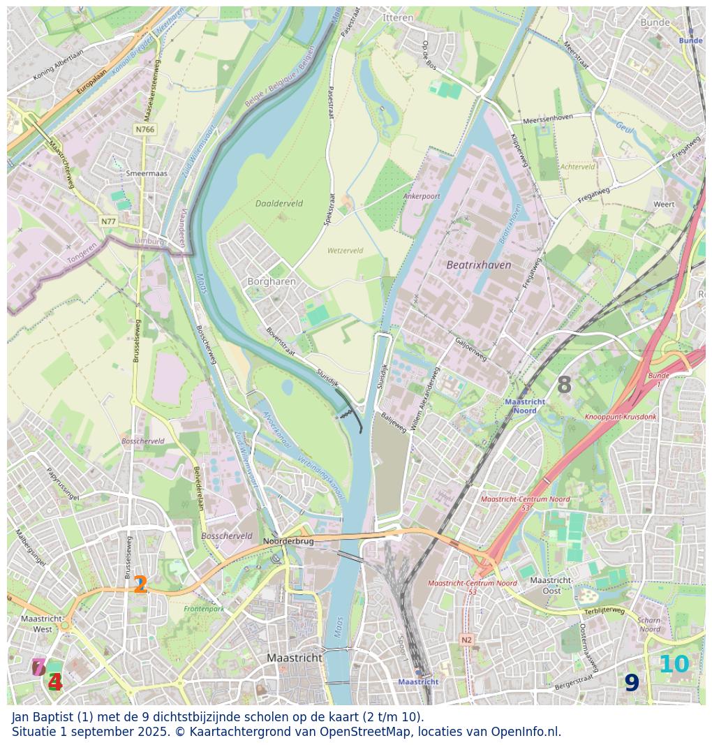 Kaart van de school met de tien dichtsbijzijnde scholen. Hierbij zijn de scholen genummerd van 1 tot en met 10. Nummer 1 is toegekend aan de schoolvestiging zelf: Jan Baptist.