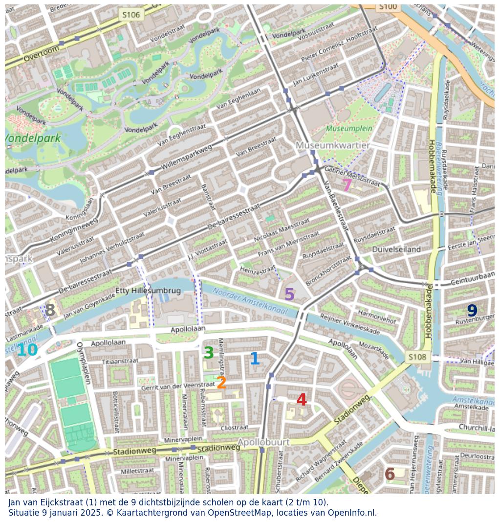 Kaart van de school met de tien dichtsbijzijnde scholen. Hierbij zijn de scholen genummerd van 1 tot en met 10. Nummer 1 is toegekend aan de schoolvestiging zelf: Jan van Eijckstraat.