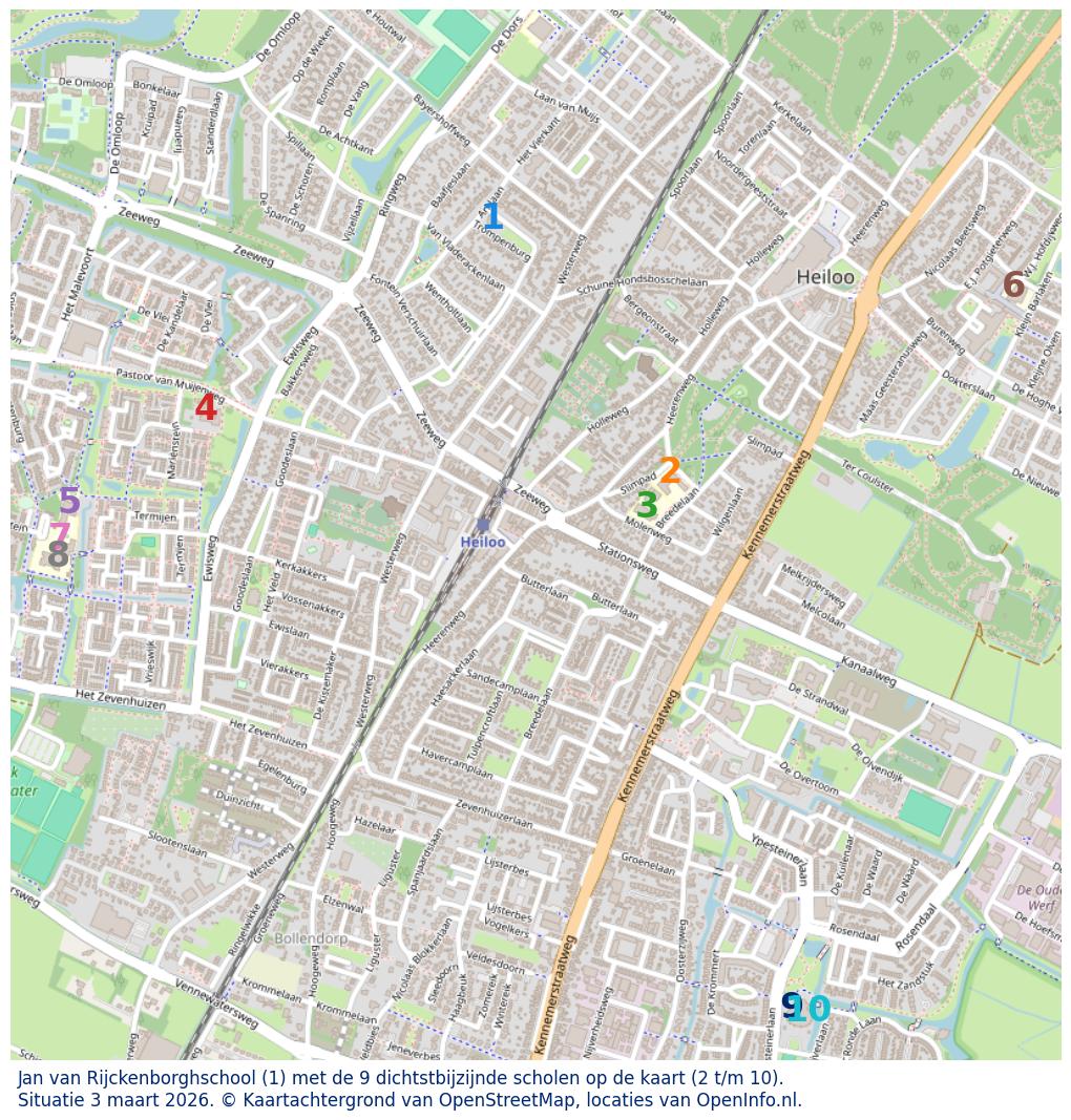 Kaart van de school met de tien dichtsbijzijnde scholen. Hierbij zijn de scholen genummerd van 1 tot en met 10. Nummer 1 is toegekend aan de schoolvestiging zelf: Jan van Rijckenborghschool.