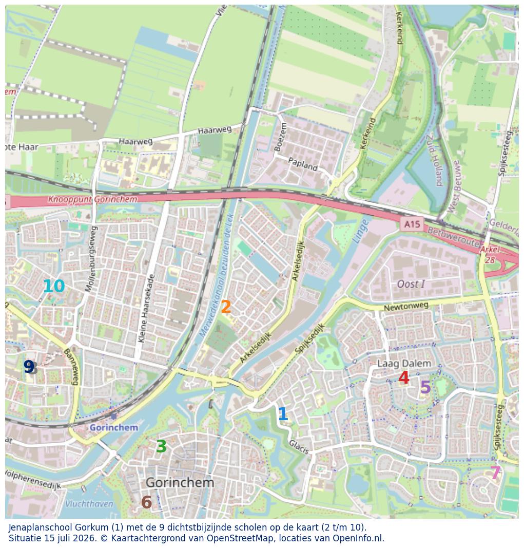 Kaart van de school met de tien dichtsbijzijnde scholen. Hierbij zijn de scholen genummerd van 1 tot en met 10. Nummer 1 is toegekend aan de schoolvestiging zelf: Jenaplanschool Gorkum.