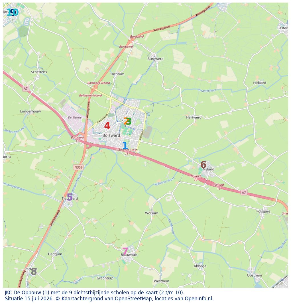 Kaart van de school met de tien dichtsbijzijnde scholen. Hierbij zijn de scholen genummerd van 1 tot en met 10. Nummer 1 is toegekend aan de schoolvestiging zelf: JKC De Opbouw.